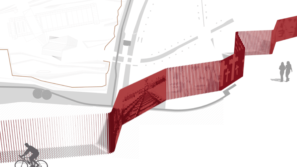 von KGRUPPE Architekten Basel - Illustration eines Radfahrers und zweier Fussgänger neben einer gewundenen Installation aus roten Stangen, die kreuzartige Muster formen.