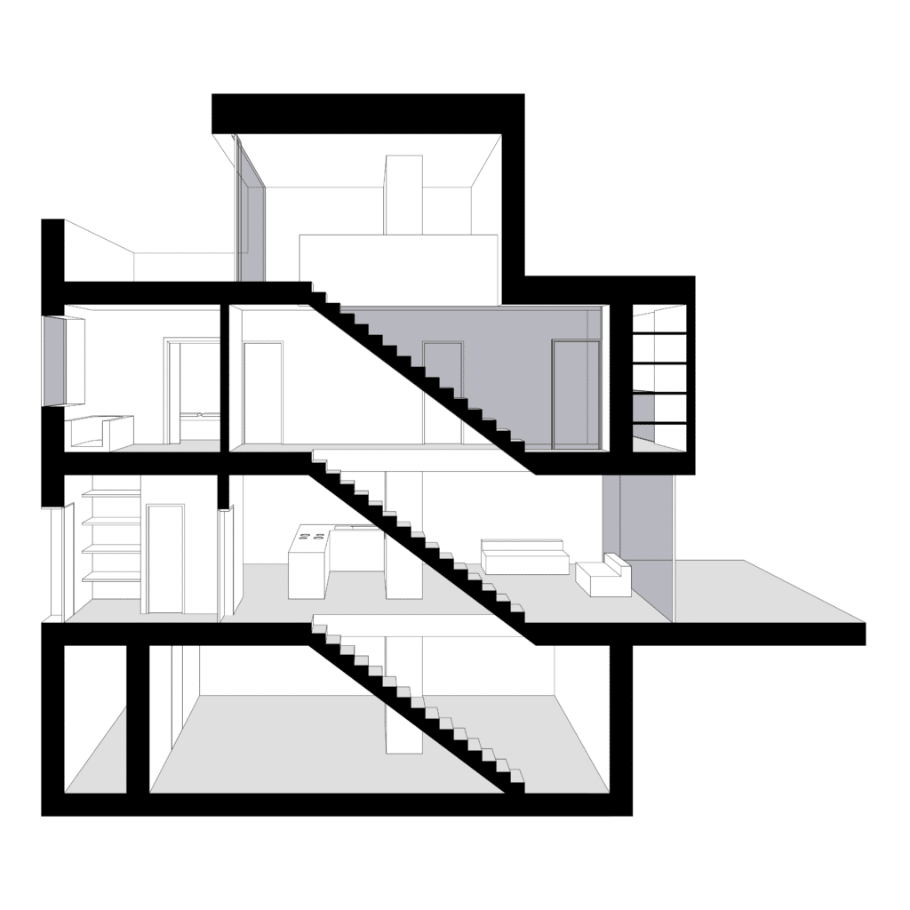 von KGRUPPE Architekten Basel - Querschnitt eines mehrstöckigen Gebäudes mit Treppen und verschiedenen Zimmern.