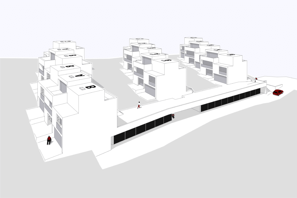 von KGRUPPE Architekten Basel - Architektonische Darstellung mehrerer moderner, mehrstöckiger Wohngebäude mit Terrassen und tief gelegenem Parkplatzbereich.