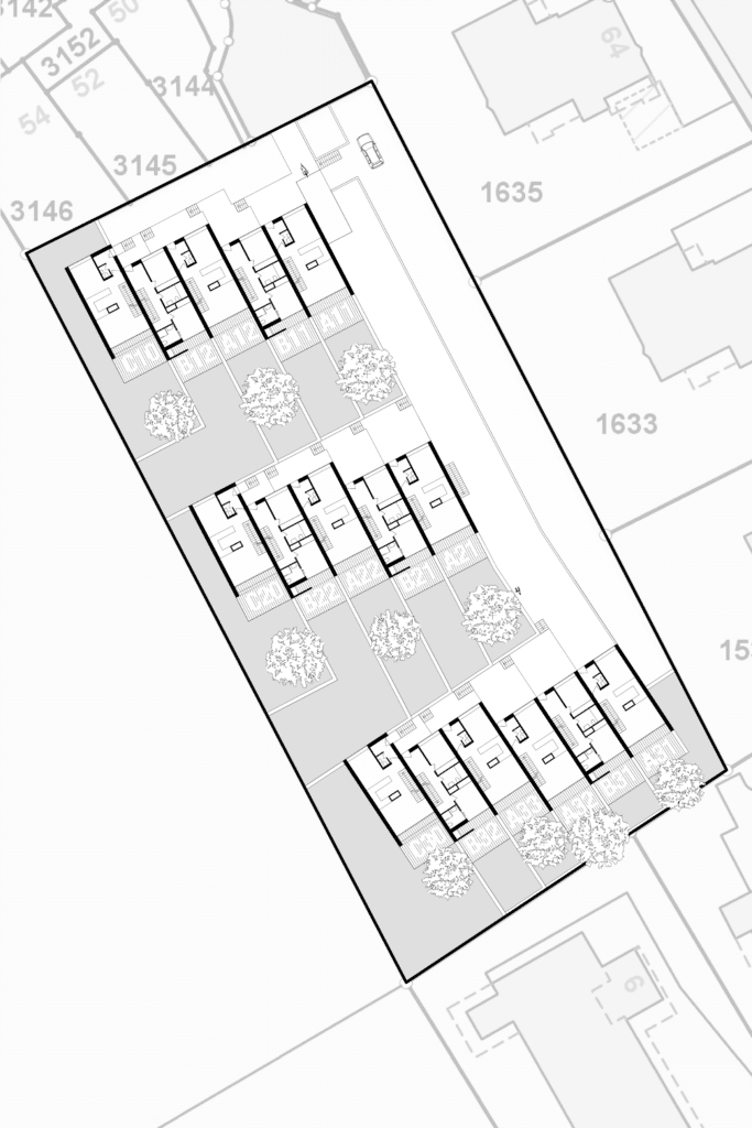 von KGRUPPE Architekten Basel - Lageplan eines Grundstücks mit darauf eingezeichneten Reihenhäusern und umgebenden Gebäuden.