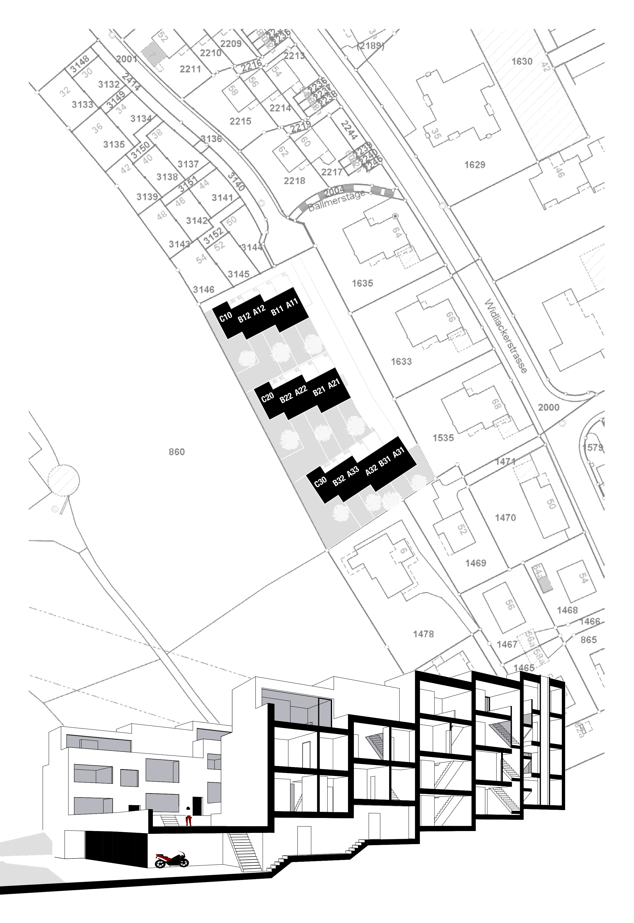 Architekturzeichnung eines Wohngebäudes mit Grundriss und geplanter Lage der Apartments in schwarzer und weisser Farbgebung.