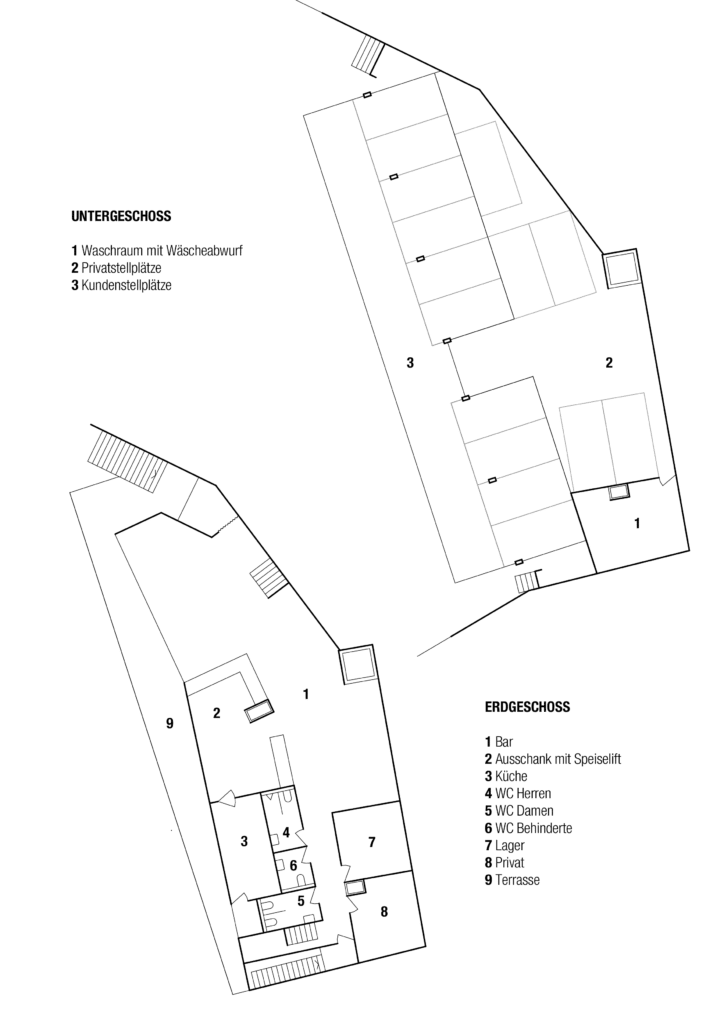 Neubau, Studie und Wettbewerb von KGRUPPE Architekten Basel - Grundriss mit Beschriftungen für Untergeschoss und Erdgeschoss eines Gebäudes, das verschiedene Räume und Parkplätze zeigt.