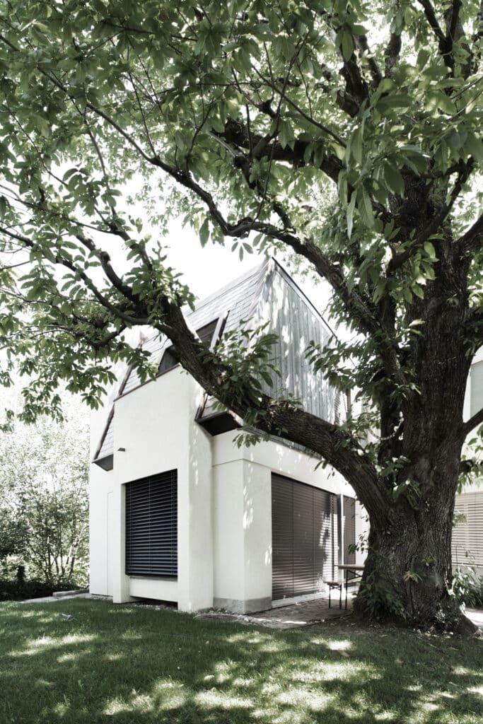 von KGRUPPE Architekten Basel - Modernes Haus mit weissen Wänden und dunklen Jalousien, umgeben von grünen Bäumen und Rasenfläche. Ein grosser Baum mit ausladenden Ästen steht im Vordergrund.