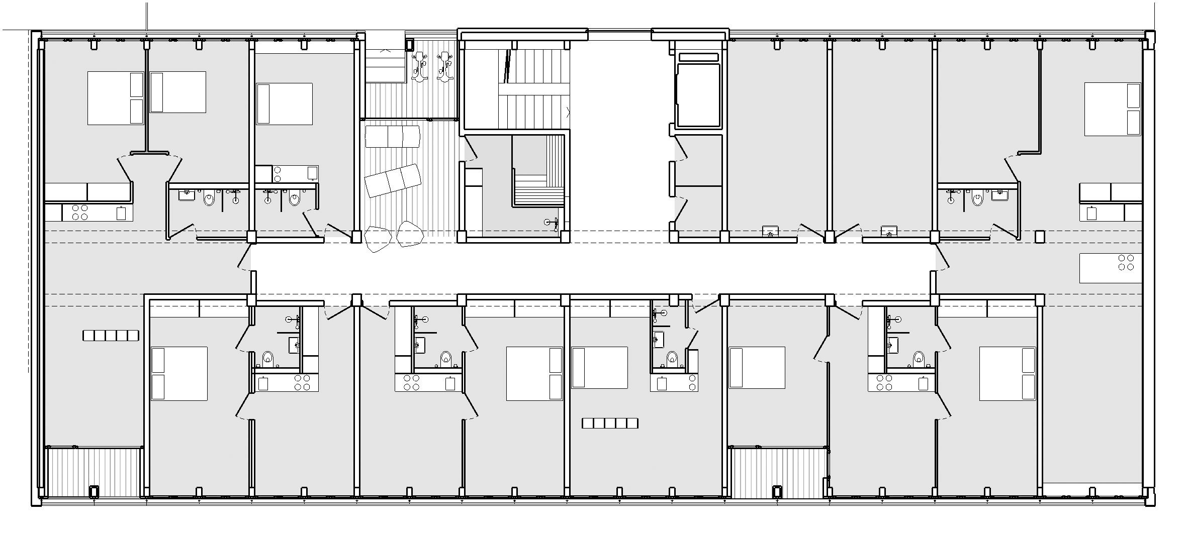 Umbau, Umnutzung und Wettbewerb von KGRUPPE Architekten Basel - Wohnungsgrundriss mit mehreren identischen Einheiten, jeweils mit Schlafzimmer, Badezimmer und Wohnraum, durch Flur verbunden.