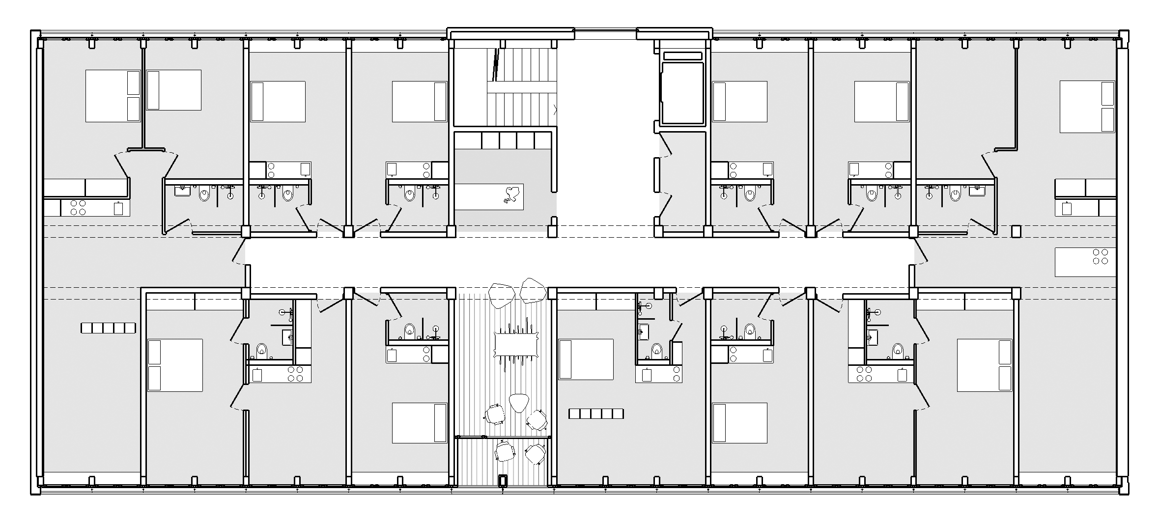 Umbau, Umnutzung und Wettbewerb von KGRUPPE Architekten Basel - Grundriss eines Wohnhauses mit mehreren Schlafzimmern, Badezimmern und Gemeinschaftsbereichen.