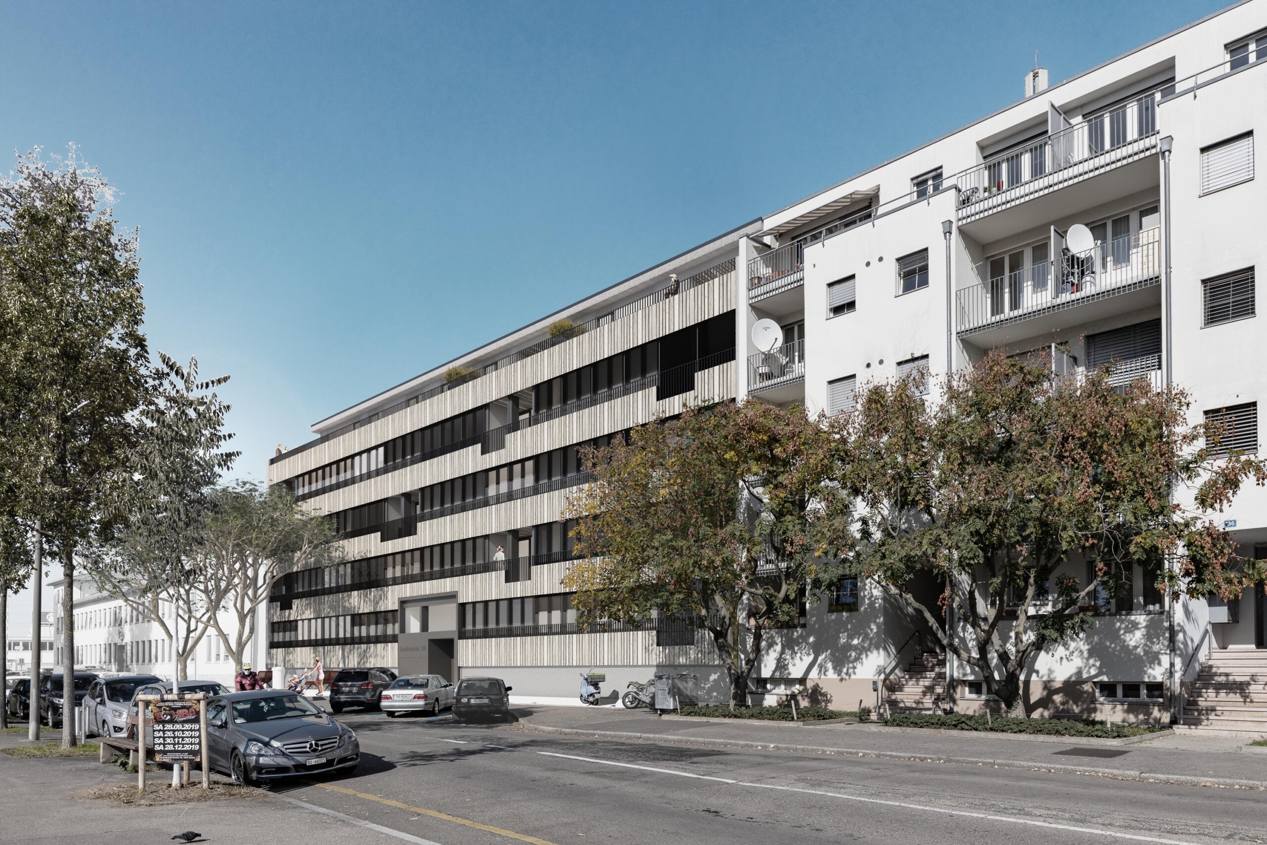 Umbau, Umnutzung und Wettbewerb von KGRUPPE Architekten Basel - Umgenutztes, mehrstöckiges Wohngebäude an der Hochbergerstrasse 158 mit modernen Fassaden, Bäumen und parkenden Autos an der Strasse.