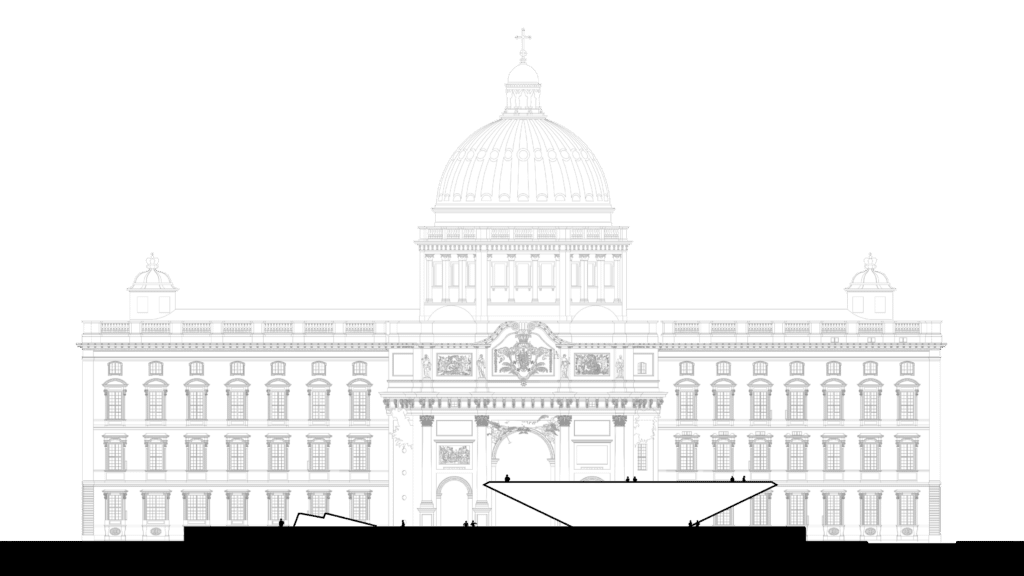 von KGRUPPE Architekten Basel - Berlin Freiheits- und Einheitsdenkmal. Architekturzeichnung des Berliner Stadtschlosses mit Kuppel und dem Entwurf von KGRUPPE Architekten Basel.