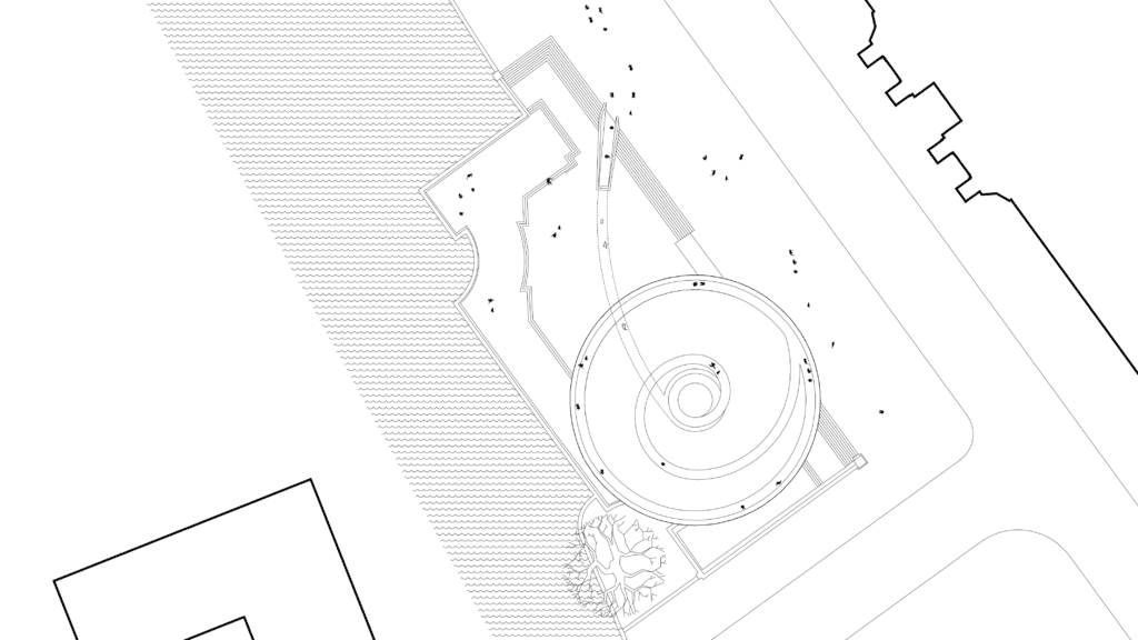 Neubau, Szenografie und Wettbewerb von KGRUPPE Architekten Basel - Architektonischer Grundriss eines Gebäudes mit kreisförmigem Hauptteil, rechteckigen Nebengebäuden und umgebender Landschaft.