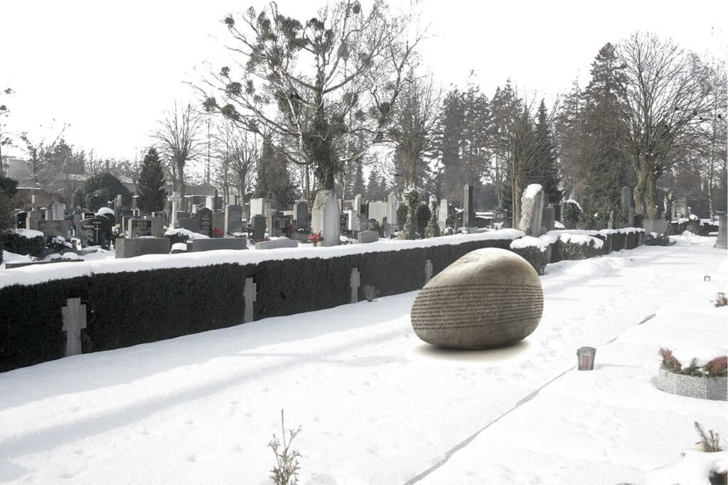 Neubau, Szenografie und Wettbewerb von KGRUPPE Architekten Basel - Verschneiter Friedhof mit vielen Grabsteinen, schneebedecktem Boden und Bäumen im Hintergrund; im Vordergrund ein grosser Stein mit eingraviertem Text.