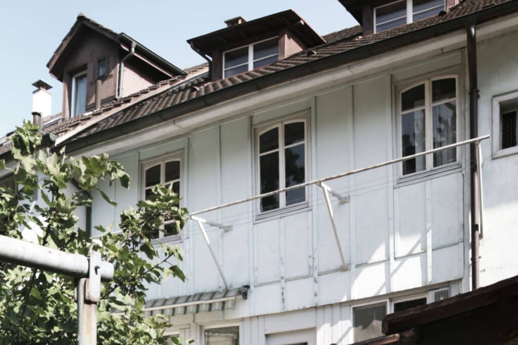 Umbau von KGRUPPE Architekten Basel - Aussenansicht eines Wohnhauses mit weissen Holzfassaden, mehreren Fenstern und Dachgauben; im Vordergrund sind dichte grüne Blätter zu sehen.