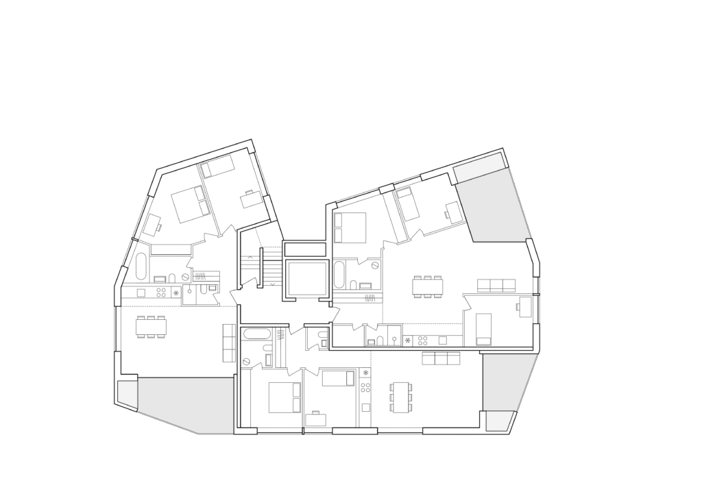  von KGRUPPE Architekten Basel - Grundriss einer Wohnung mit mehreren Zimmern, einschliesslich Schlafzimmern, Badezimmern, Küchen- und Essbereichen sowie Wohnbereichen.