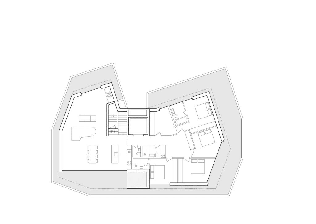 von KGRUPPE Architekten Basel - Grundriss eines mehrseitigen Hauses mit Wohn- und Essbereich, Küche, Badezimmer und mehreren Schlafzimmern.