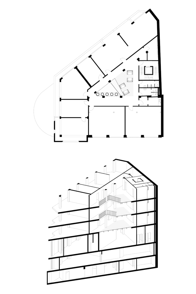 von KGRUPPE Architekten Basel - Grundriss und Schnitt eines mehrstöckigen Gebäudes mit mehreren Räumen und Säulen.