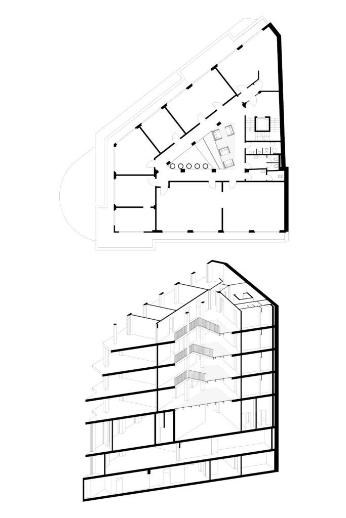 von KGRUPPE Architekten Basel - Grundriss und Schnitt eines mehrstöckigen Gebäudes.