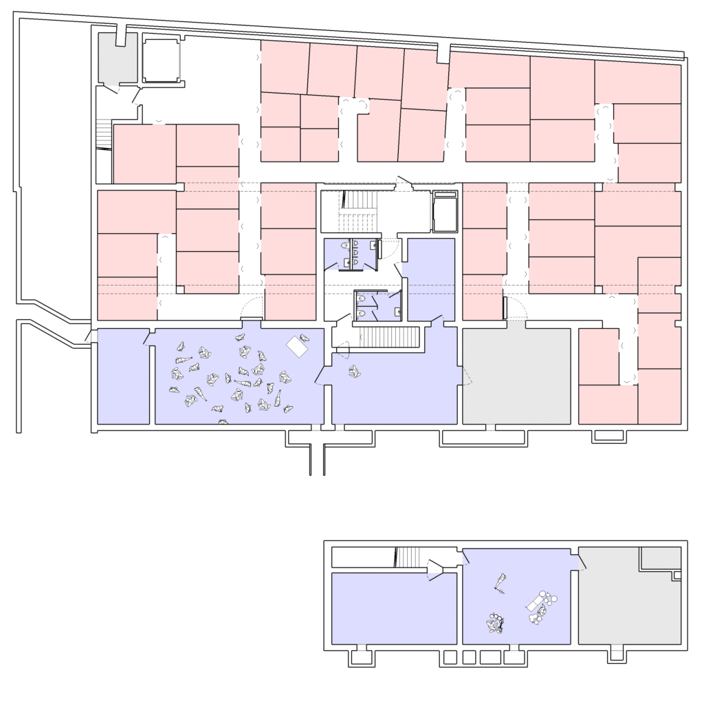 Umbau, Umnutzung und Wettbewerb von KGRUPPE Architekten Basel - Grundriss eines Gebäudes mit mehreren Räumen, teilweise in Rosa und Violett dargestellt, sowie Möbelanordnungen und Treppenhäusern.