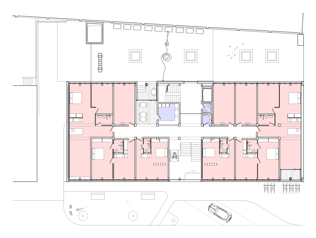 Umbau, Umnutzung und Wettbewerb von KGRUPPE Architekten Basel - Grundriss eines Gebäudes mit zehn Wohnungen, sechs rechts, vier links, in je zwei Reihen angeordnet; ein Eingang oben und drei Eingänge unten; jede Wohnung hat ein Schlafzimmer, ein Badezimmer, eine Küche und einen Wohnbereich.