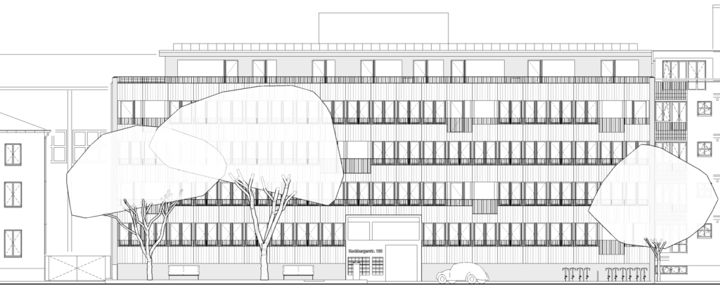 Umbau, Umnutzung und Wettbewerb von KGRUPPE Architekten Basel - Architektonische Zeichnung eines fünfstöckigen Gebäudes mit zahlreichen Fenstern in der Fassadenansicht, vorne mit Bäumen, Fahrzeugen und dem Eingang "Hochbergerstr. 158".