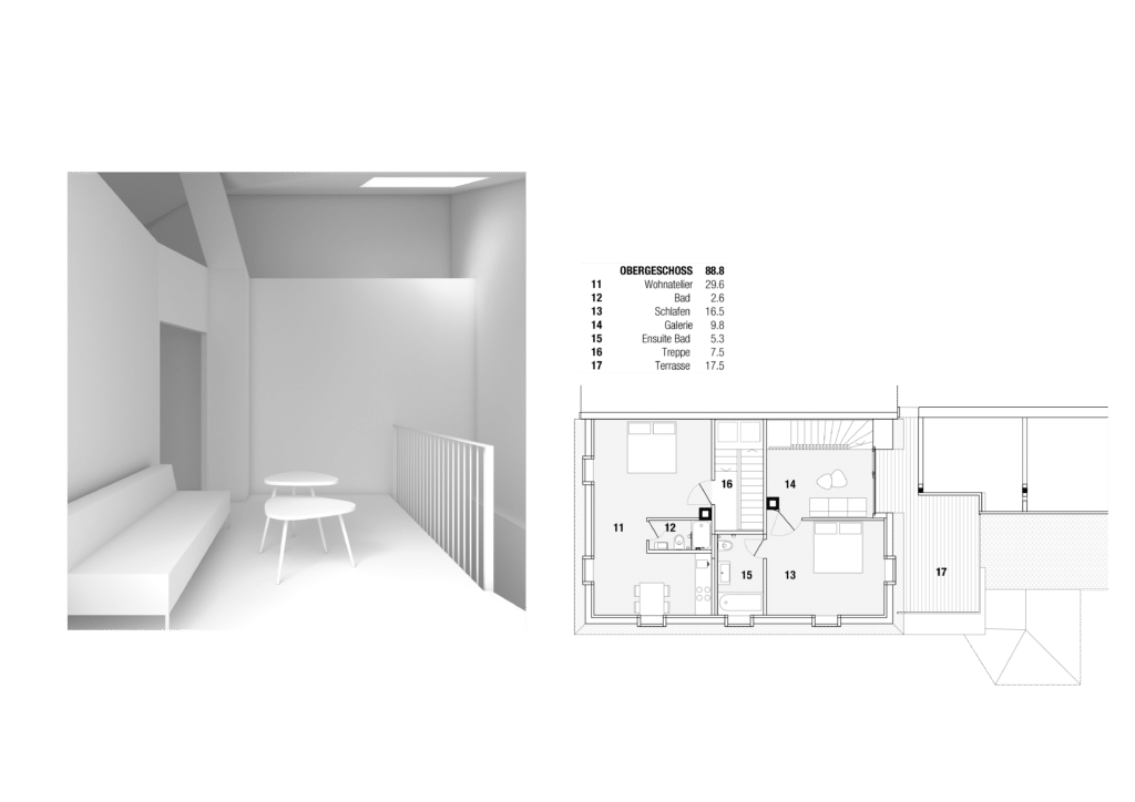 Umbau von KGRUPPE Architekten Basel - Grundriss des Obergeschosses mit einem 3D-Raum Rendering. Raumaufteilung: Wohnatelier, Bad, Schlafen, Galerie, Ensuite Bad, Treppe, Terrasse.