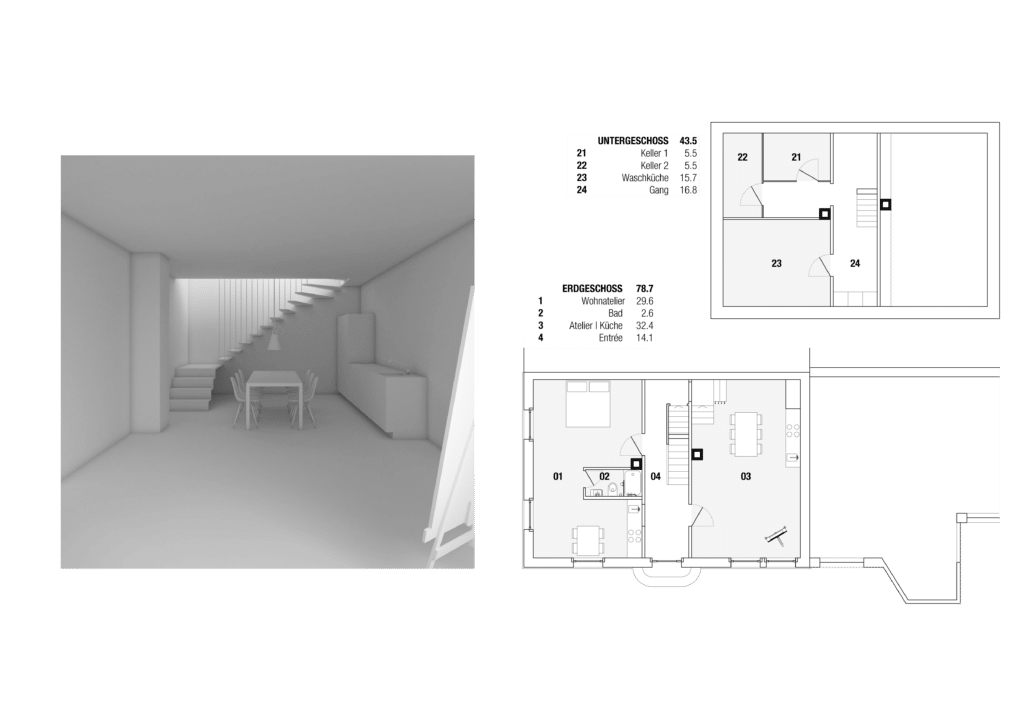 Umbau von KGRUPPE Architekten Basel - Grundriss eines zweistöckigen Wohnhauses mit einem 3D-Modell eines Raumes. Das Untergeschoss hat Keller, Waschküche und Flur. Das Erdgeschoss umfasst Wohnatelier, Bad, Atelier/Küche und Entrée.