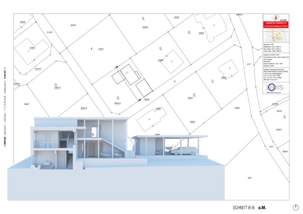 Neubau von KGRUPPE Architekten Basel - Architektonischer Querschnitt eines zweistöckigen Hauses mit Umgebungskarte im Hintergrund.