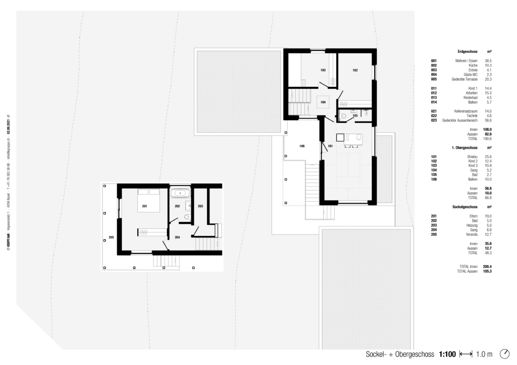 Neubau von KGRUPPE Architekten Basel - Architektonischer Grundriss eines Hauses mit Sockelgeschoss, Erdgeschoss und Obergeschoss. Räume, Flächenangaben und Raumbezeichnungen sind angegeben.