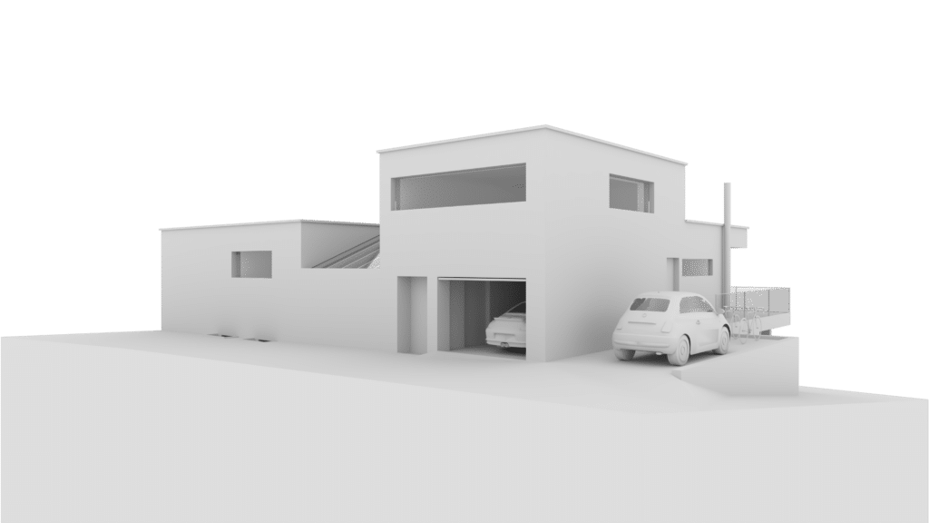 Umbau und Umnutzung von KGRUPPE Architekten Basel - 3D-Modell eines modernen Hauses mit Garage, Autos und Fahrrädern, vor grünem Hintergrund.