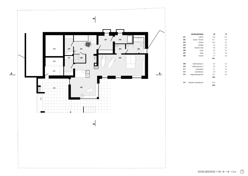 Umbau und Umnutzung von KGRUPPE Architekten Basel - Grundriss des Souterrains mit markierten Räumen und Massen in Quadratmetern, einschliesslich Küche/Wohnzimmer, Arbeitszimmer, Bad, Sauna, Keller, Technikraum und Aussenbereich.