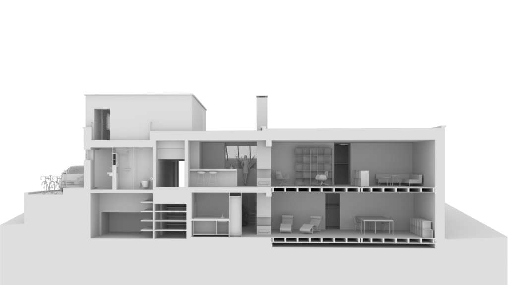 Umbau und Umnutzung von KGRUPPE Architekten Basel - Querschnitt eines modernen Hauses mit mehreren Etagen und Räumen, einschliesslich Garage, Bad, Küche, Wohnzimmer und Büro, mit Darstellungen von Möbeln und Einrichtung.